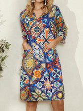 Women V-Neck Ethnic Print 3/4 Sleeve Vintage Mini Dress With Pocket